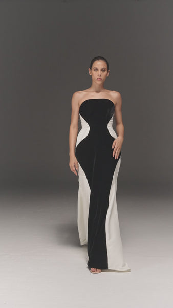 BLACK AND WHITE PANELLED TUBE DRESS WITH TRAIL