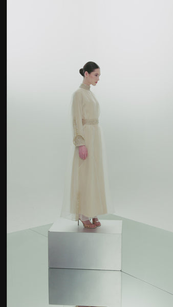 BEIGE EMBROIDERED ORGANZA AND CREPE THOUB WITH EMBROIDERED BELT