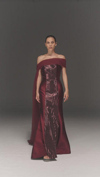 MAROON SATIN HAND EMBROIDERED OFF-SHOULDER MERMAID DRESS WITH DRAPED SHOULDER IN TULLE