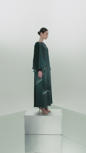 DARK TEAL PRINTED CHIFFON LOOSE FIT DRESS WITH LASER CUT EMBROIDERY