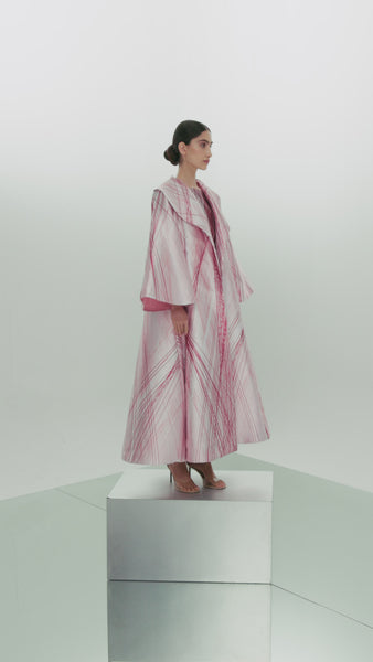 LIGHT PINK AND MAROON PRINTED OVERSIZED ABAYA WITH INNER DRESS AND EMBROIDERED BELT