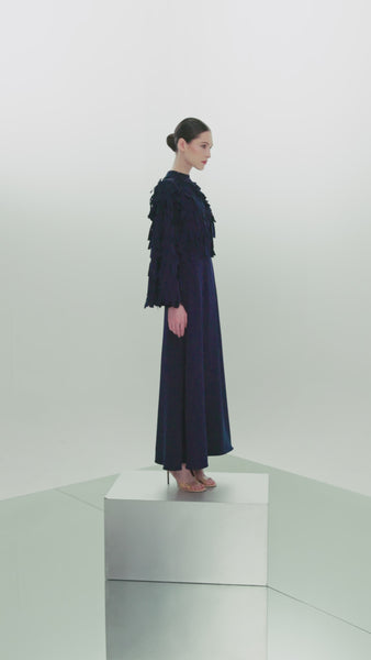 NAVY BLUE FRINGED LASER CUT SEMI-FIT CREPE DRESS