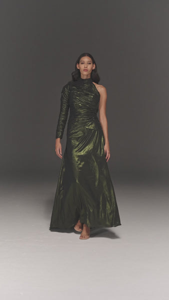 GREEN GATHERED METALLIC CREPE DRAPED DRESS WITH EMBROIDERY
