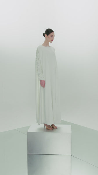 OFF WHITE CREPE SEMI FITTED DRESS WITH LASER CUT EMBROIDERY