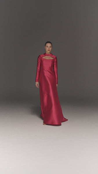 PINK SATIN RAGLAN NECK FLARED DRESS