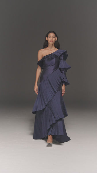 BLUE SATIN ONE SHOULDER DRESS WITH ASYMMETRIC RUFFLES