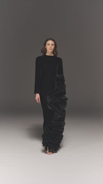 BLACK VELVET PENCIL FIT DRESS WITH ASYMMETRIC EXAGERATED RUFFLES
