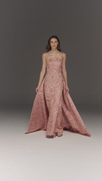 PEACH ROSE PRINTED AND EMBROIDERED TUBE DRESS WITH TRAIL