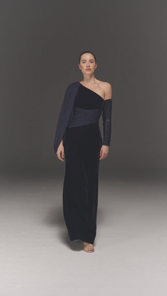 BLUE VELVET AND TULLE ASYMMETRIC STRAIGHT FIT DRESS