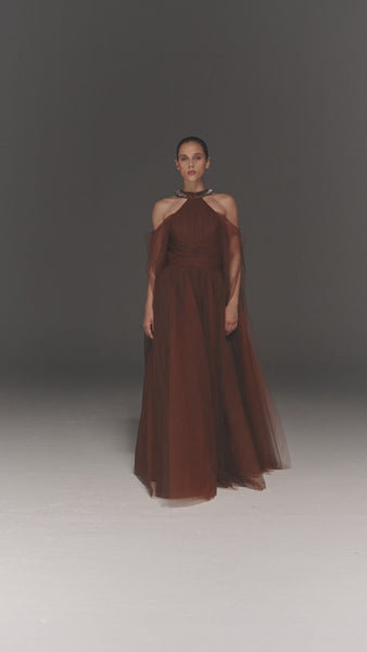 BRONZE TULLE HALTERNECK FLARED DRESS WITH EMBROIDERY