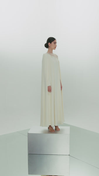 OFF WHITE CREPE LOOSE FIT DRESS WITH CAPE AND EMBROIDERY