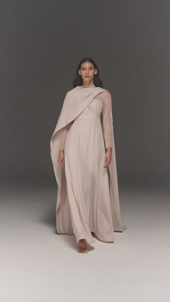 CREAM DRAPED MERMAID DRESS IN CREPE WITH SHEER HAND EMBROIDERED SLEEVES