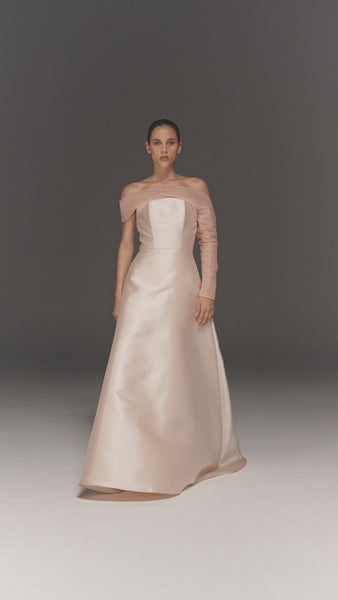 LIGHT PINK SATIN AND TULLE ASYMMETRIC FLARED DRESS
