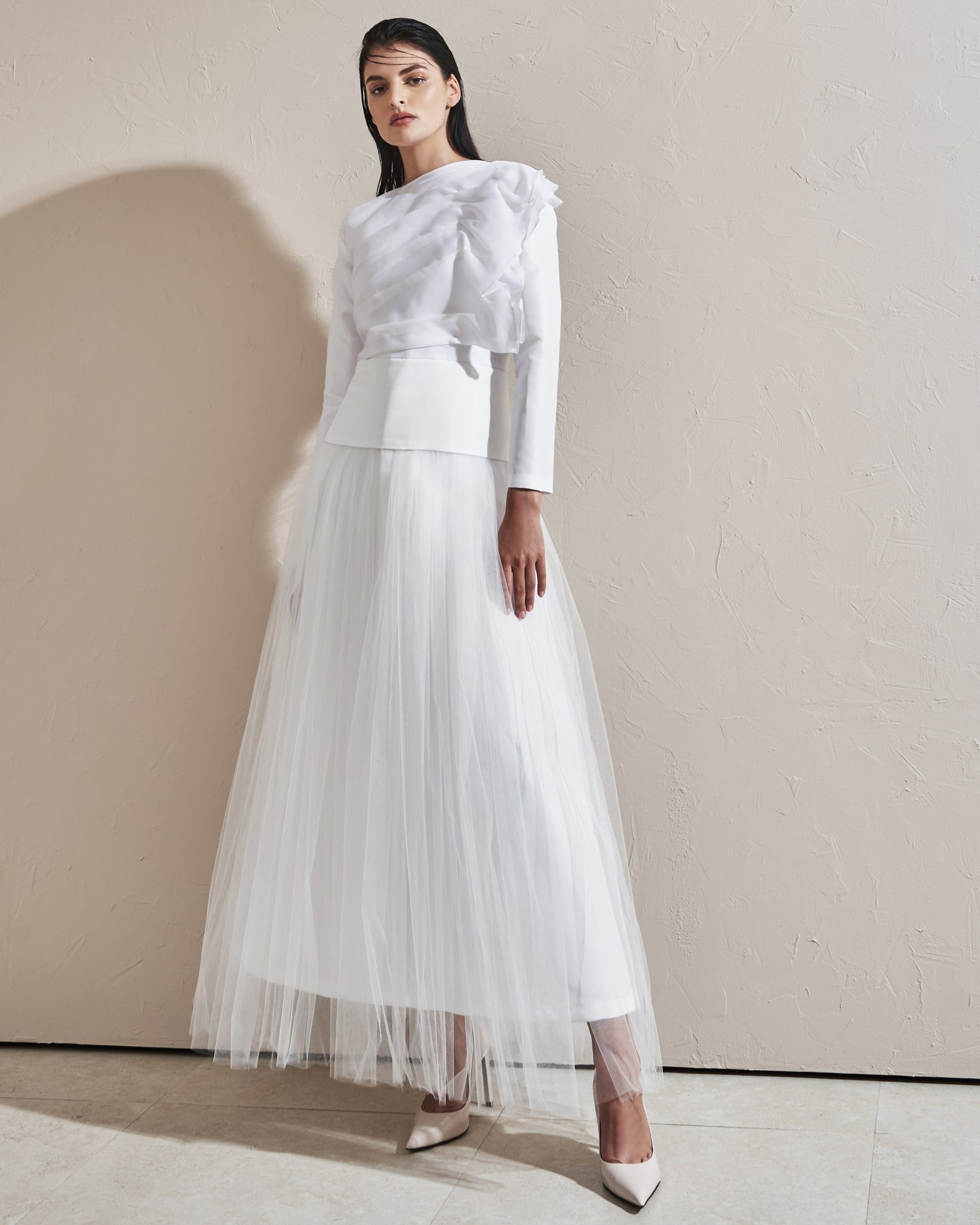 SATIN SILK DRESS WITH TULLE AND MATTE ORGANZA OVERLAY – THA SEEN SATIN SILK DRESS WITH TULLE AND MATTE ORGANZA OVERLAY – THA SEEN