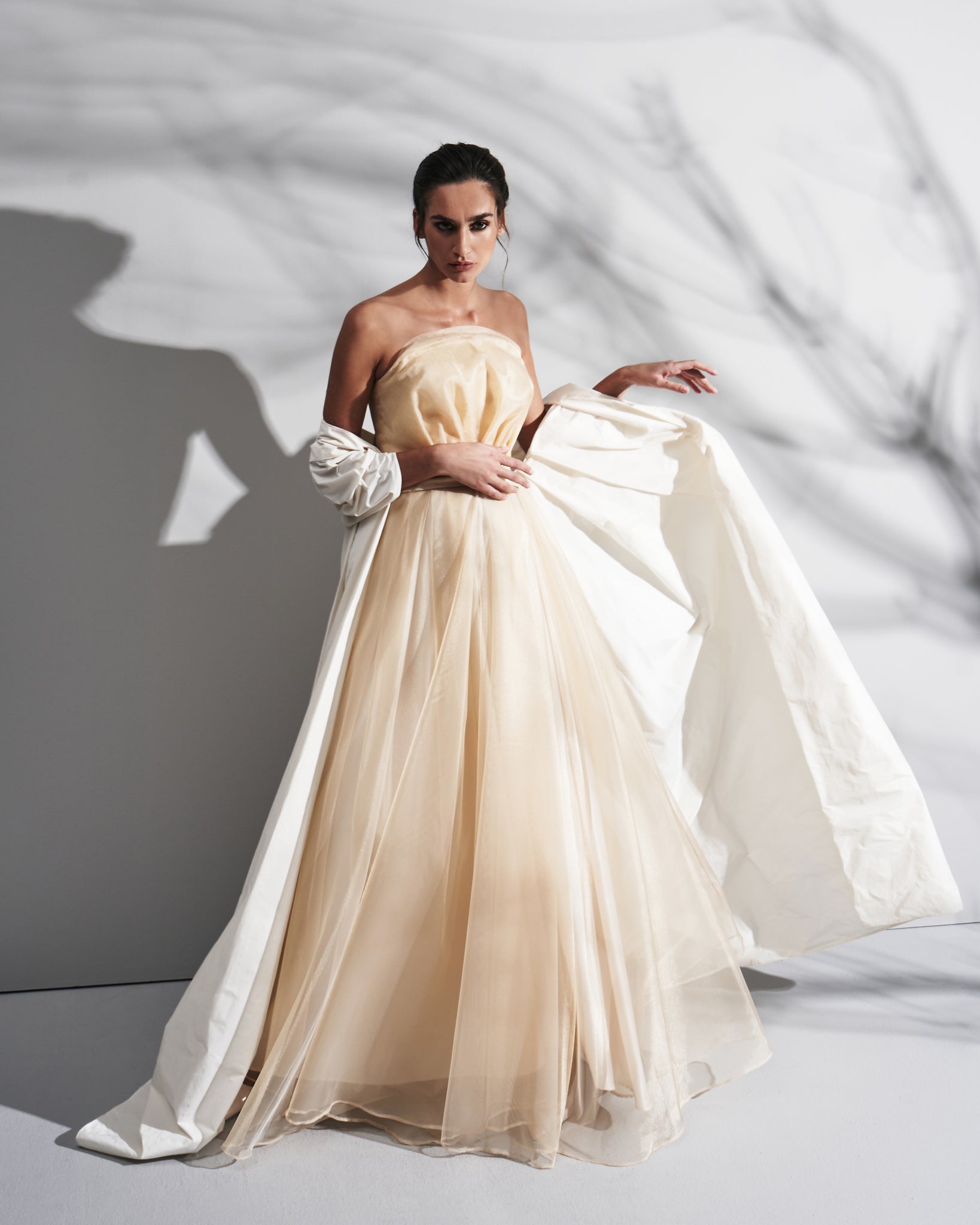 TUBE TULLE FLARED DRESS WITH BELT AND TAFFETA SHAWL THA SEEN TUBE TULLE FLARED DRESS WITH BELT AND TAFFETA SHAWL THA SEEN