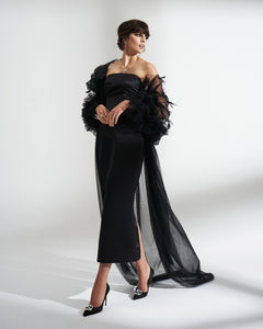 TUBE DRESS IN SATIN WITH TULLE SHAWL