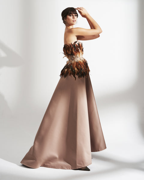 SATIN TUBE DRESS WITH FEATHERS