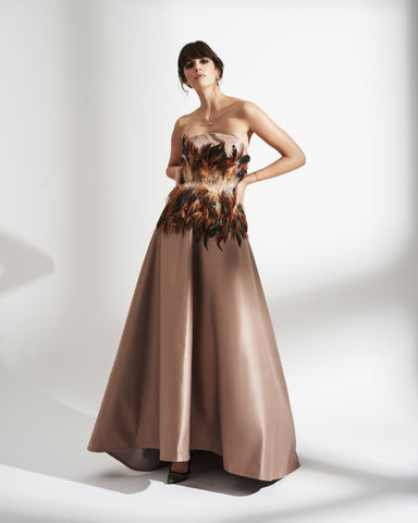 SATIN TUBE DRESS WITH FEATHERS
