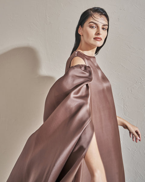 CREPE SATIN AND MATTE ORGANZA DRESS WITH LONG SLEEVES