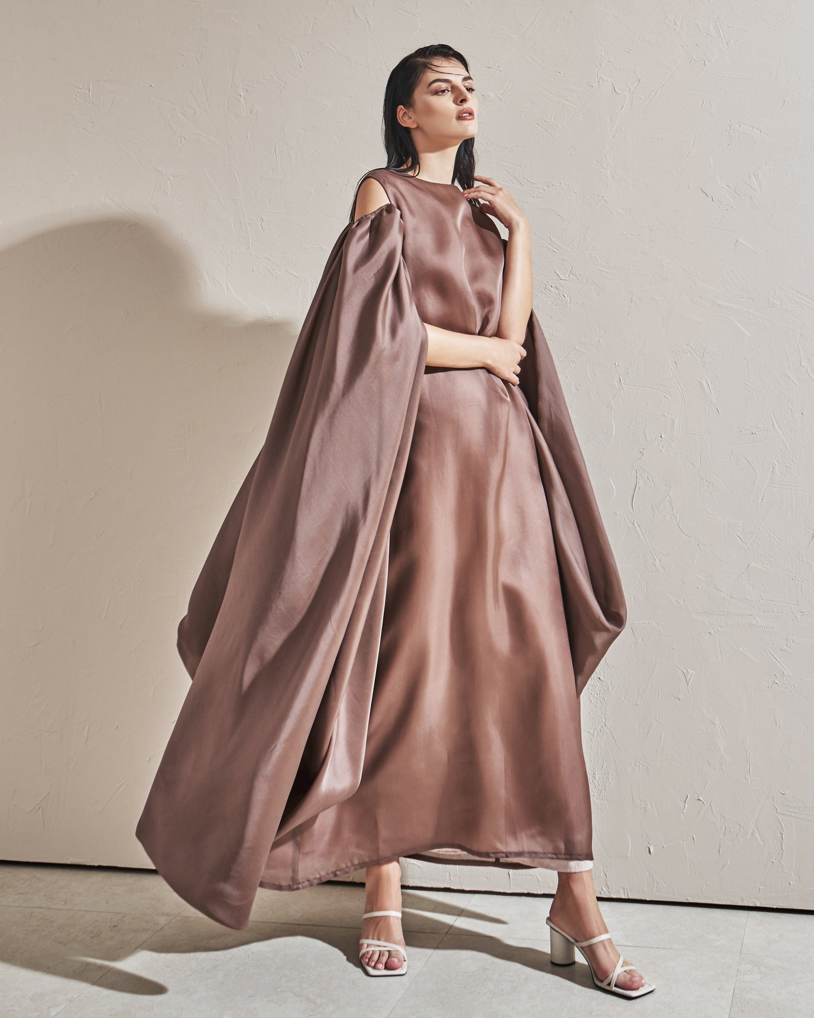 crepe satin dress Berry Satin Crepe Sari Dress with Hand Pleated Cape