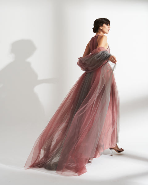 HIGH NECK SLEEVELESS DRESS WITH SHAWL IN TULLE