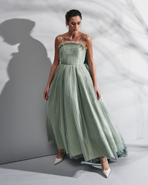 TULLE DRESS WITH TASSELED TRAIL