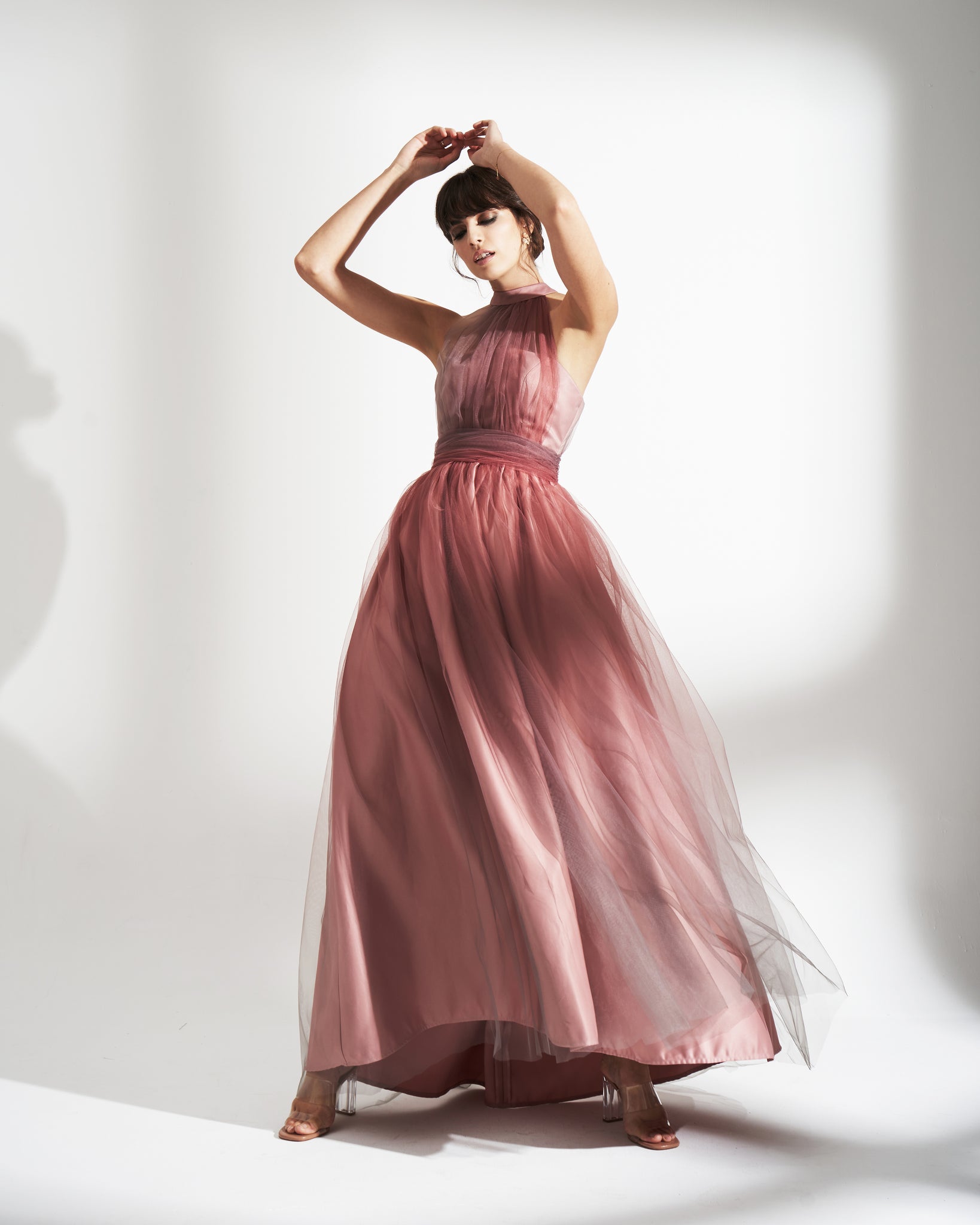 HIGH NECK SLEEVELESS DRESS WITH SHAWL IN TULLE