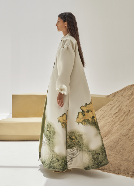 OFFWHITE SATIN PRINTED ABAYA WITH GREEN TULLE DRESS AND BELT