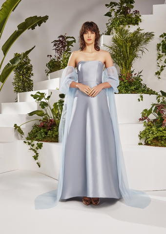 A LINE TUBE DRESS WITH PLEATED CAPE