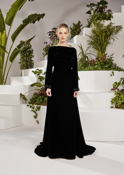 VELVET LOW BACK TRAIL DRESS