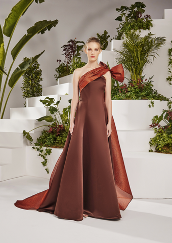 BROWN SATIN FLARED DRESS WITH SHOULDER BOW TRAIL