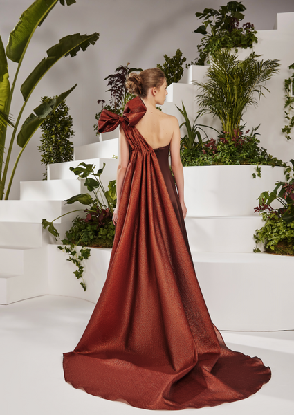BROWN SATIN FLARED DRESS WITH SHOULDER BOW TRAIL