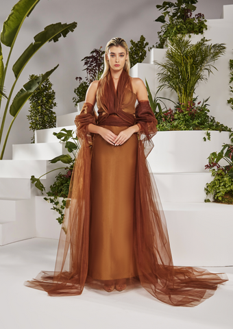 BROWN OMBRE TULLE FIT AND FLARE DRESS WITH CAPE