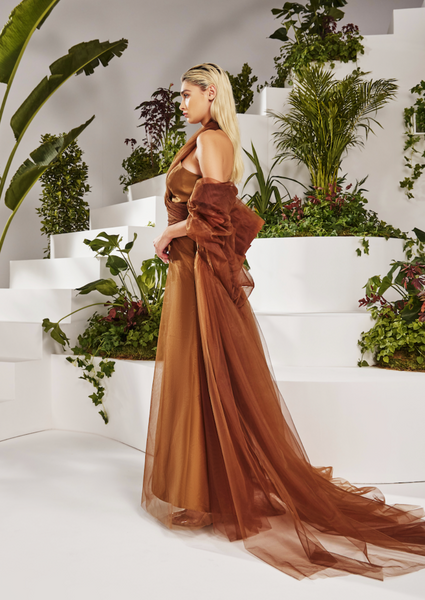 BROWN OMBRE TULLE FIT AND FLARE DRESS WITH CAPE