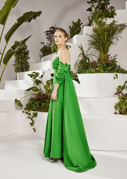 GREEN TUBE PANELED DRESS WITH TRAIL