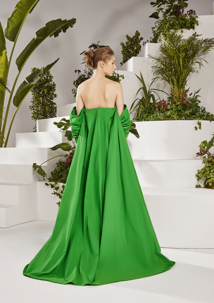 GREEN TUBE PANELED DRESS WITH TRAIL