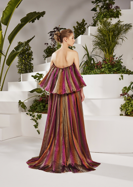 FITTED SATIN DRESS WITH A PLEATED TULLE TRAIL