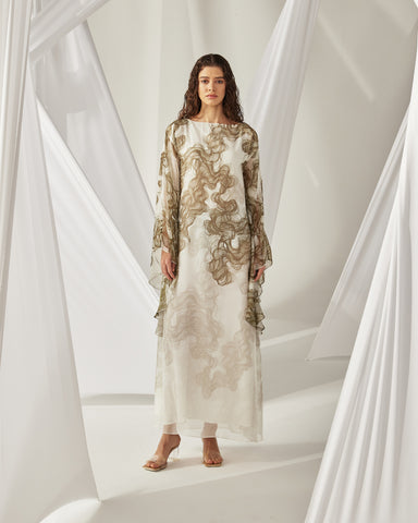 OLIVE RIPPLE CHIFFON PRINTED LONG SLEEVED DRESS