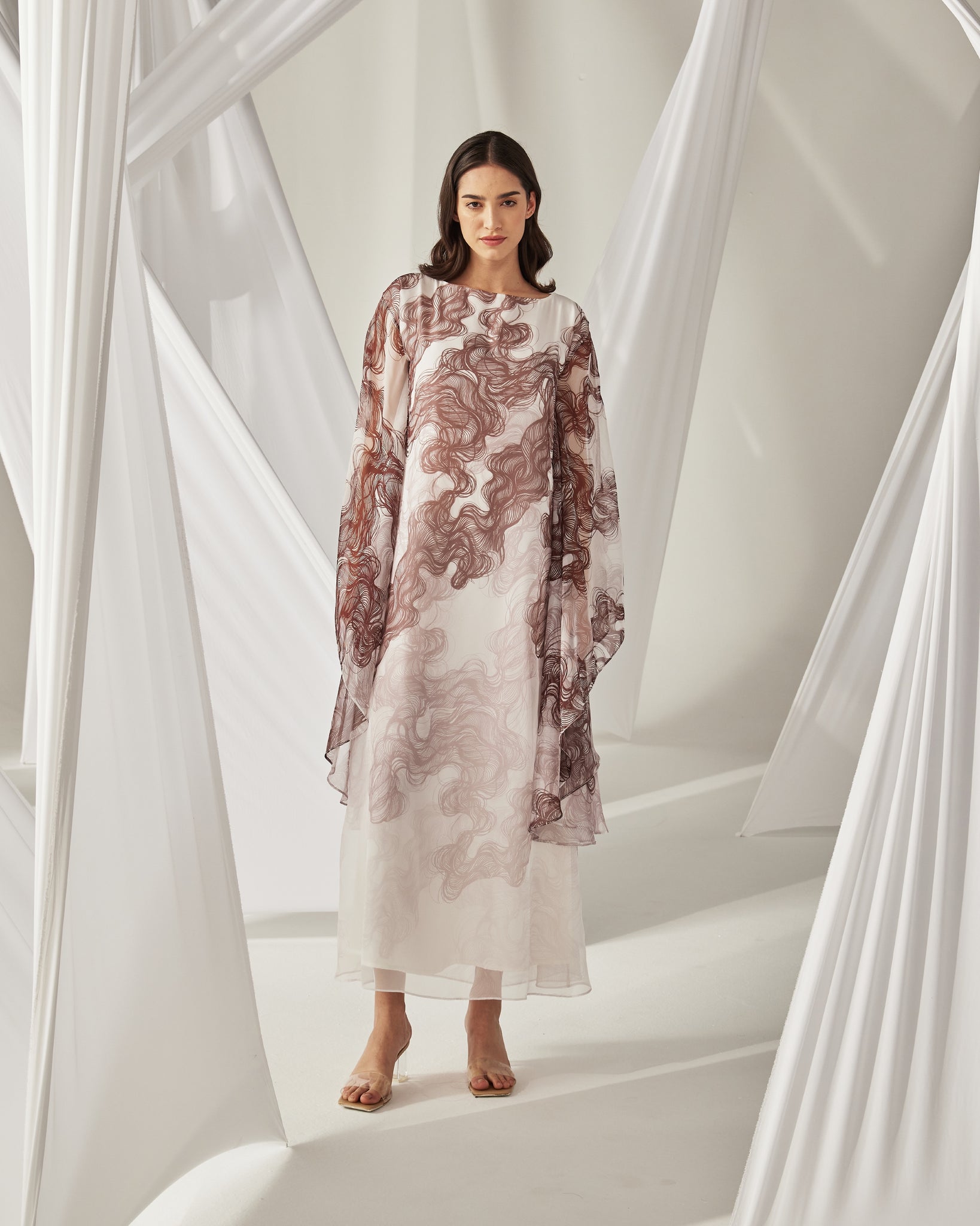 BROWN RIPPLE CHIFFON PRINTED LONG SLEEVED DRESS THA SEEN BROWN RIPPLE CHIFFON PRINTED LONG SLEEVED DRESS THA SEEN