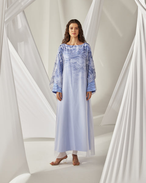 BLUE EMBROIDERED SLEEVE PRINTED THOUB