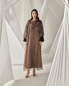 BROWN EMBROIDERED SLEEVE PRINTED THOUB