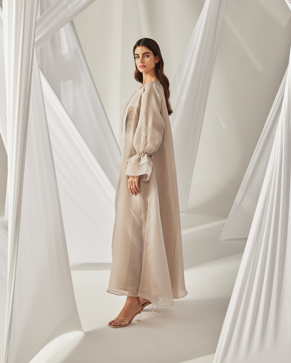 BEIGE INVERTED FLOWER PRINTED ORGANZA ABAYA AND DRESS – THA SEEN