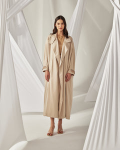 BEIGE SATIN COAT ABAYA AND BROWN JUMPSUIT WITH EMBROIDERY