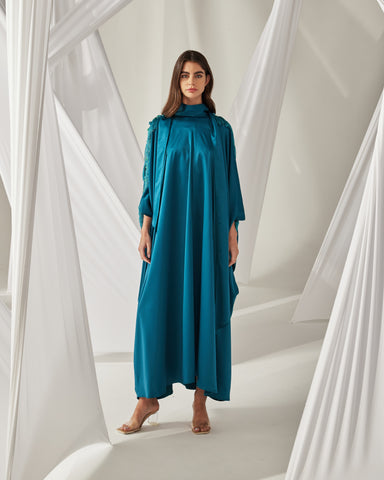 TEAL SATIN TASSEL EMBROIDERY OVERSIZED DRESS