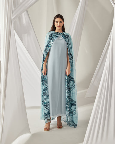 TEAL LEAF PRINT CHIFFON PLEATED CAPE AND DRESS