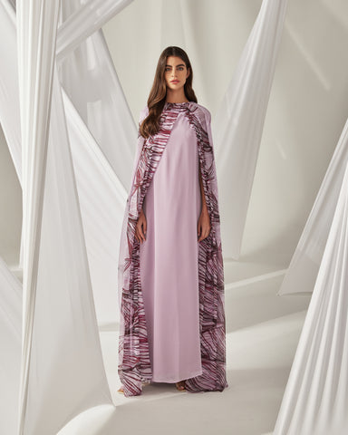 MAGENTA LEAF PRINT CHIFFON PLEATED CAPE AND DRESS