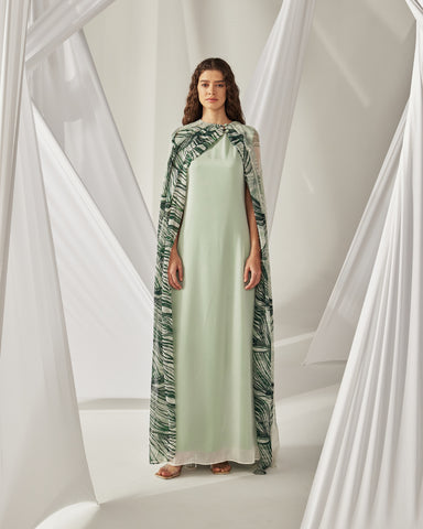 GREEN LEAF PRINT CHIFFON PLEATED CAPE AND DRESS